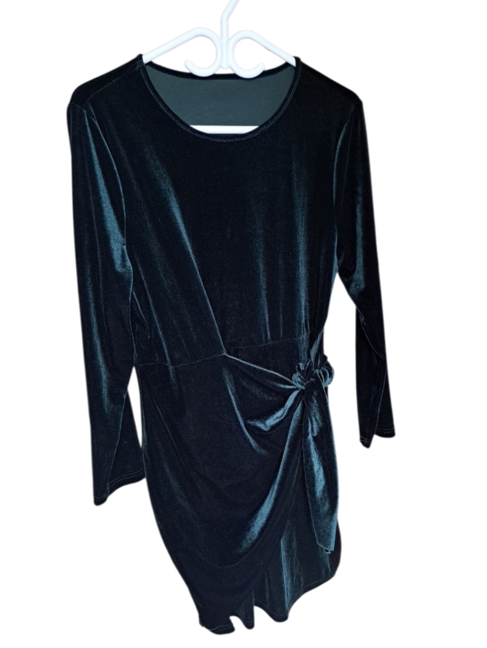 Velvet Long Sleeve Knot Detail Dress - Green